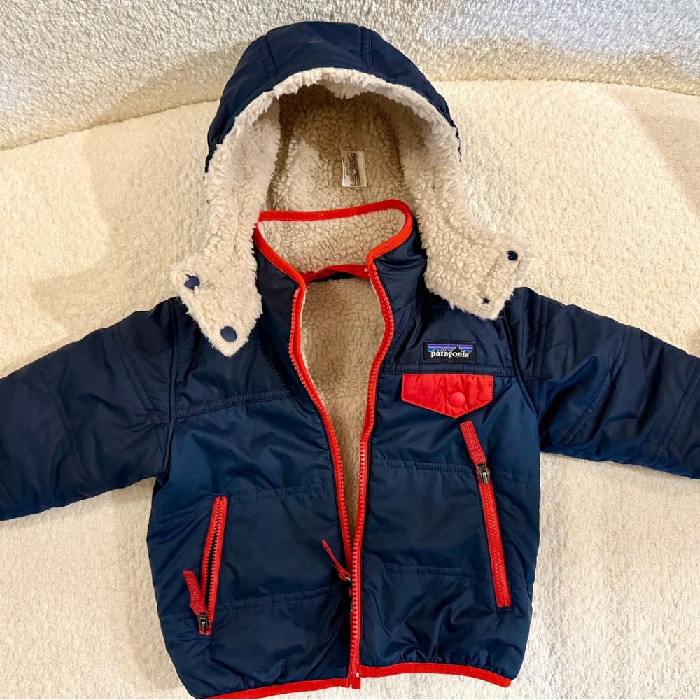 Patagonia Baby Reversible Tribbles Hoodie Navy and Red Jacket